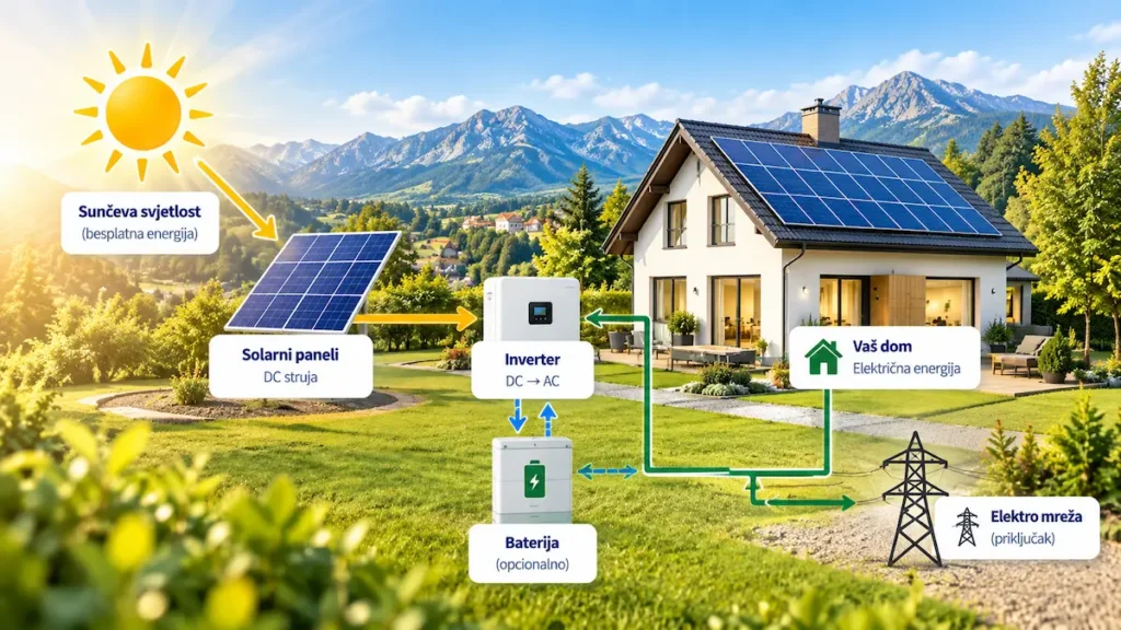 Dijagram solarnog sistema: sunčeva svjetlost, solarni paneli, inverter, baterija, dom i elektro mreža