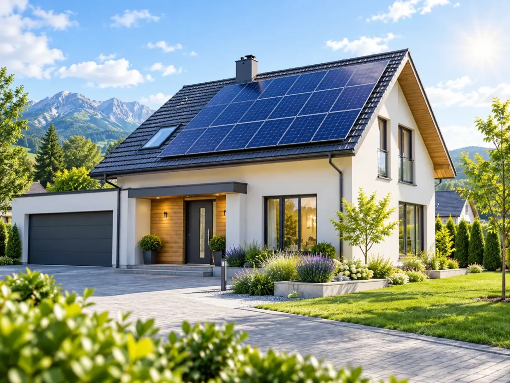 Kuća sa solarnim panelima na krovu okrenutom prema jugu