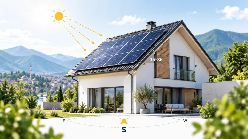 Kuća sa solarnim panelima okrenutim prema jugu i nagibom od približno 35–36 stepeni