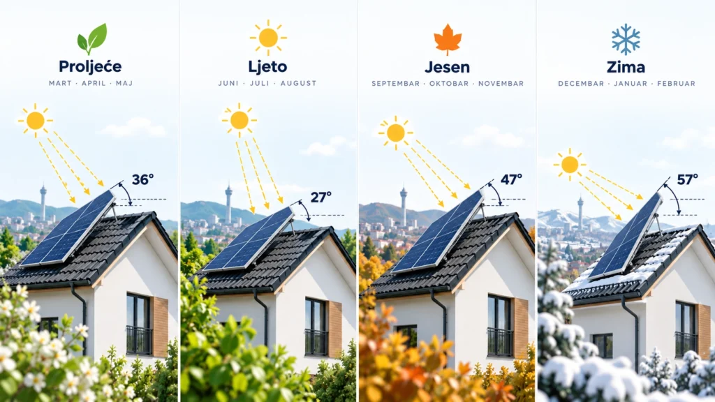 Sezonski nagib solarnih panela: proljeće 36, ljeto 27, jesen 47 i zima 57 stepeni — primjer za Sarajevo