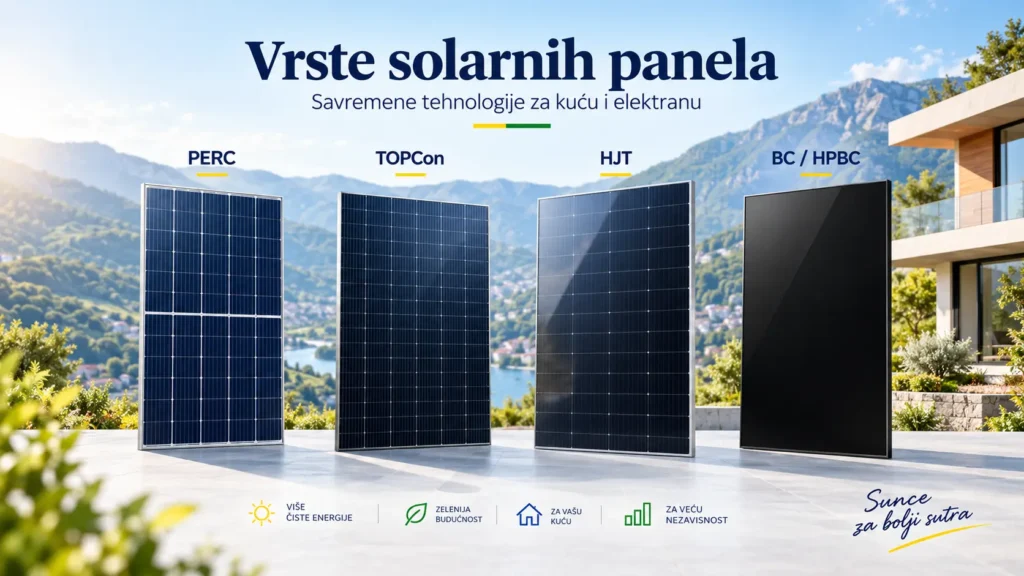Četiri solarna panela različitih tehnologija: PERC, TOPCon, HJT i BC/HPBC