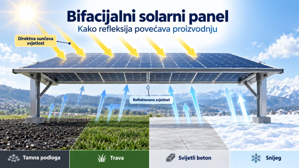 Bifacijalni solarni panel: direktna sunčeva svjetlost na prednju stranu i reflektovana svjetlost sa tamne podloge, trave, svijetlog betona i snijega na stražnju stranu