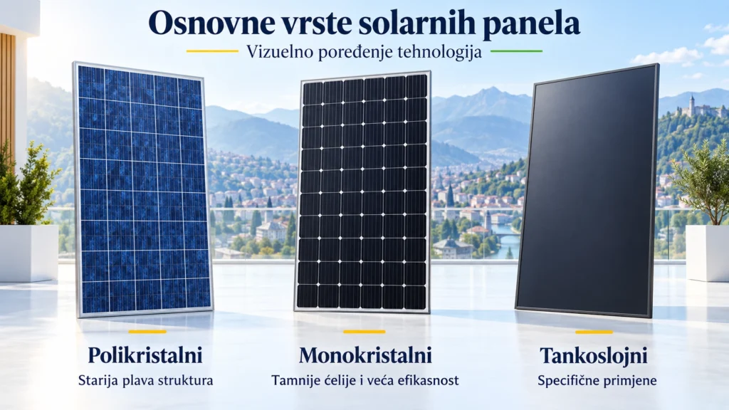 Polikristalni, monokristalni i tankoslojni solarni panel jedan pored drugog