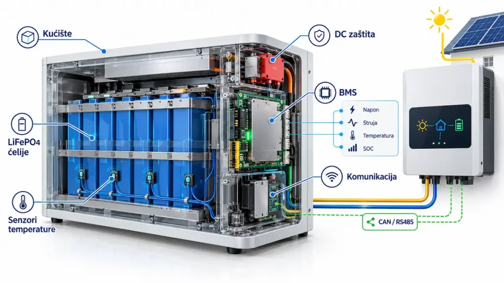 Anatomija LiFePO4 baterijskog sistema sa BMS-om i komunikacijom prema inverteru