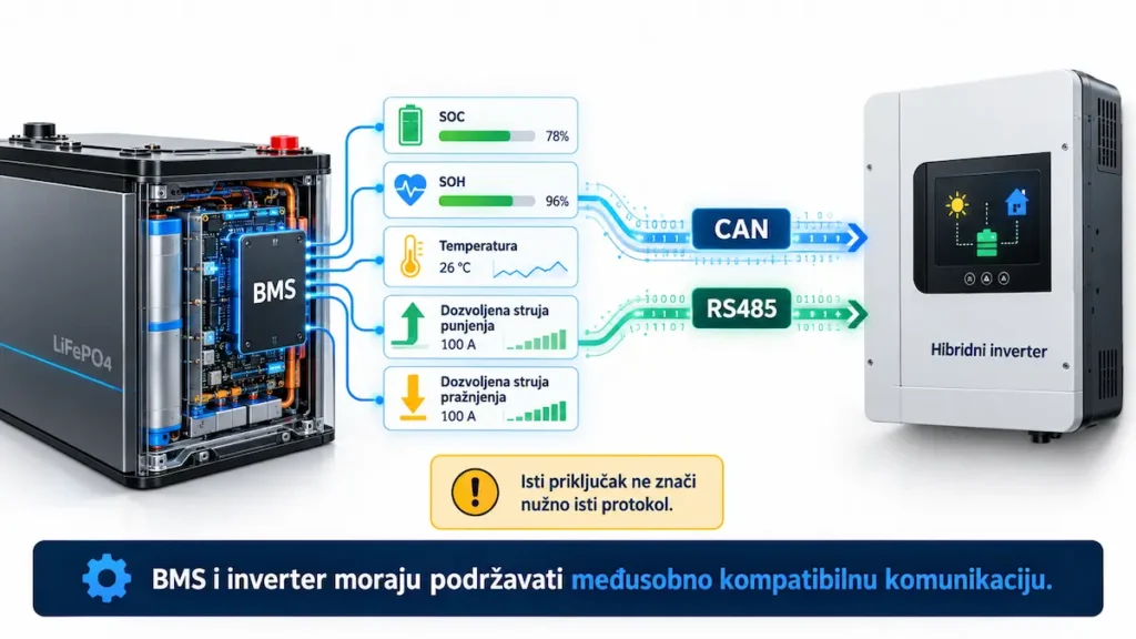 BMS komunikacija između solarne baterije i hibridnog invertera preko CAN i RS485