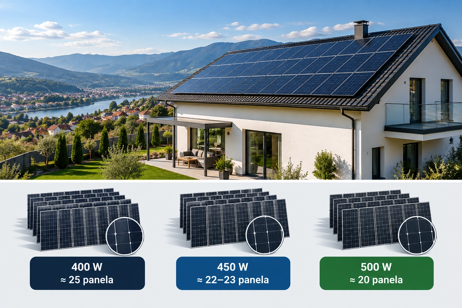 Broj panela za sistem od 10 kWp sa panelima od 400, 450 i 500 W