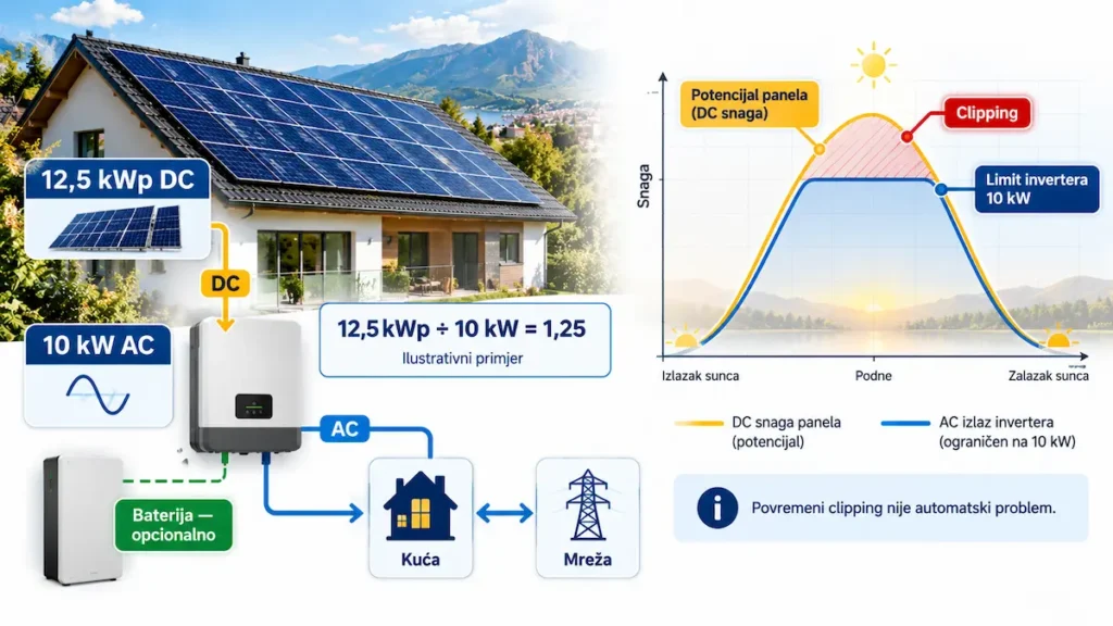 DC AC odnos 12,5 kWp prema inverteru 10 kW i primjer clippinga