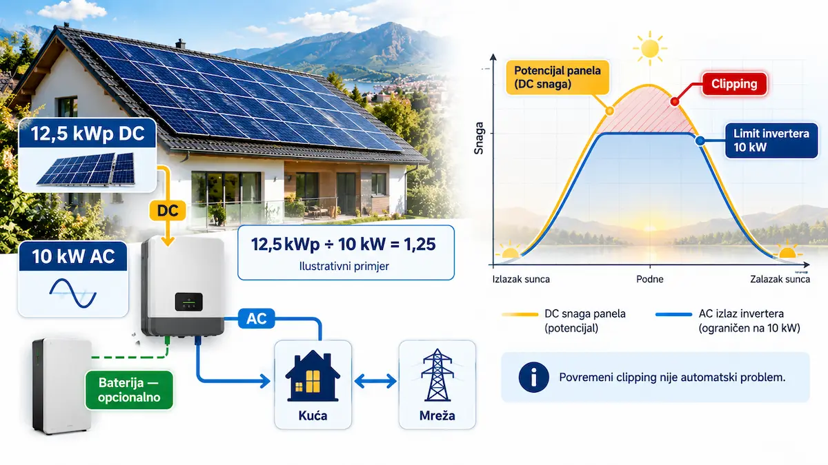 DC AC odnos 12,5 kWp prema inverteru 10 kW i primjer clippinga