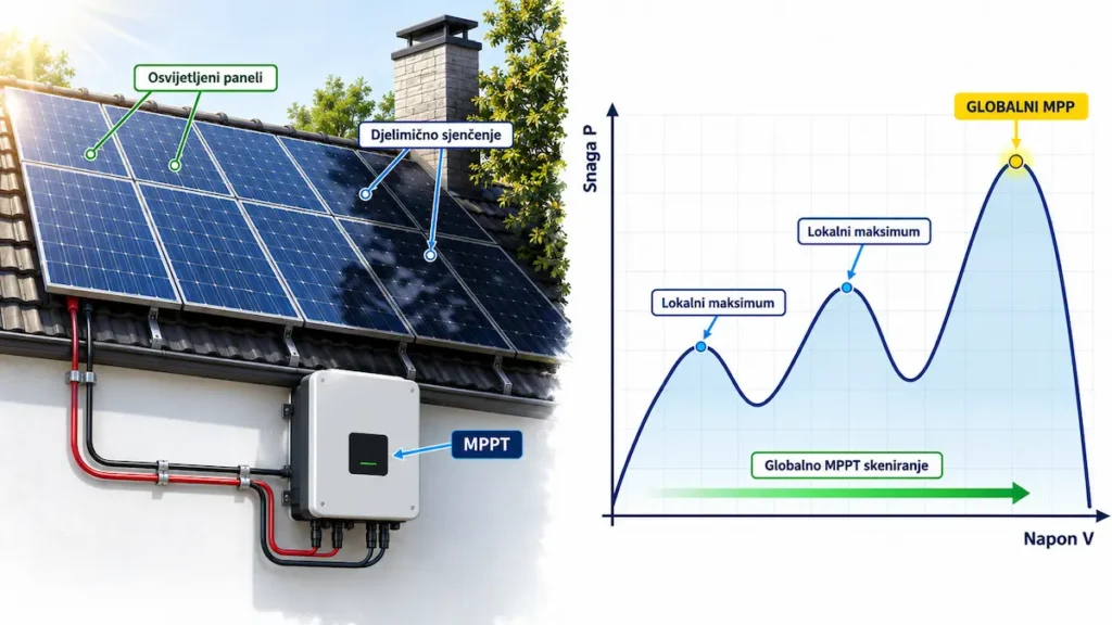 Djelimično sjenčenje solarnih panela i P-V krivulja sa lokalnim maksimumima i globalnim MPP-om