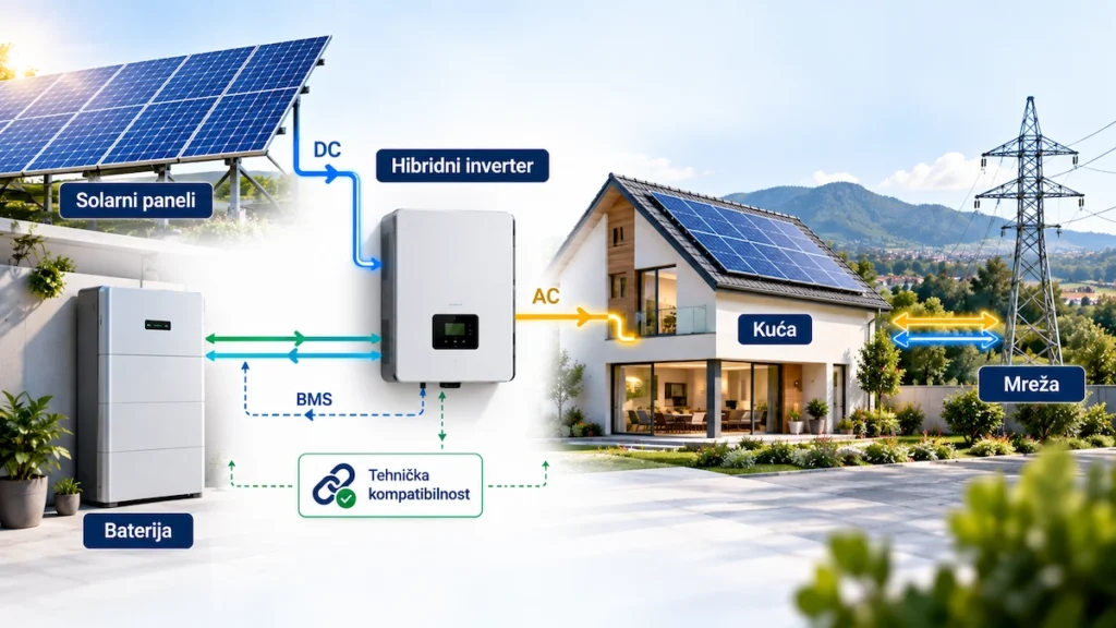 Hibridni solarni inverter povezan sa baterijom, kućom i mrežom