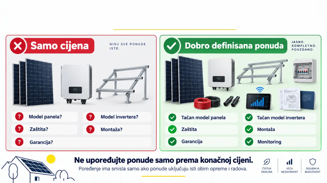 Poređenje ponude sa samo navedenom cijenom i dobro definisane ponude za solarnu elektranu