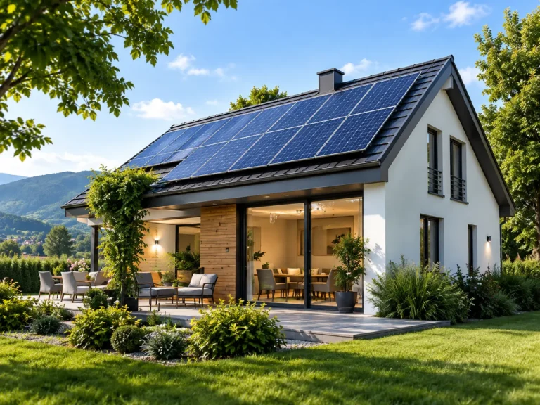 Kuća sa solarnim panelima na krovu po danu