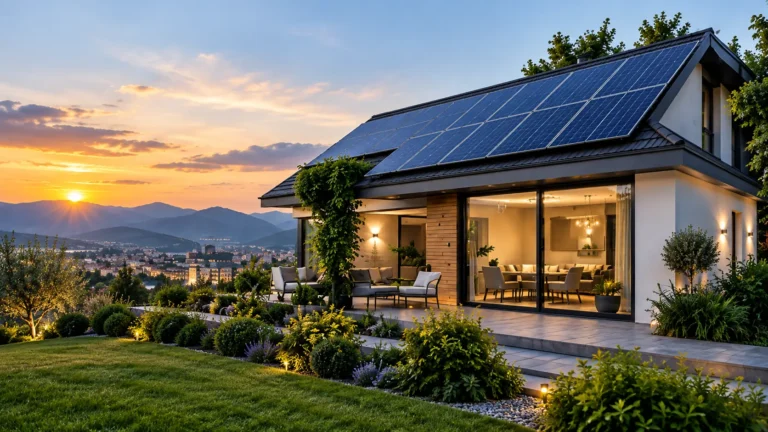 Kuća sa solarnim panelima na krovu u sumrak