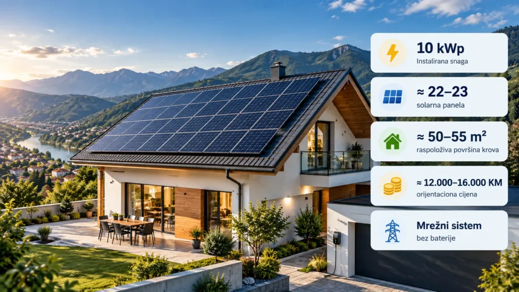 Kućna solarna elektrana od približno 10 kWp sa 22 do 23 solarna panela, površinom krova 50–55 m² i orijentacionom cijenom 12.000–16.000 KM