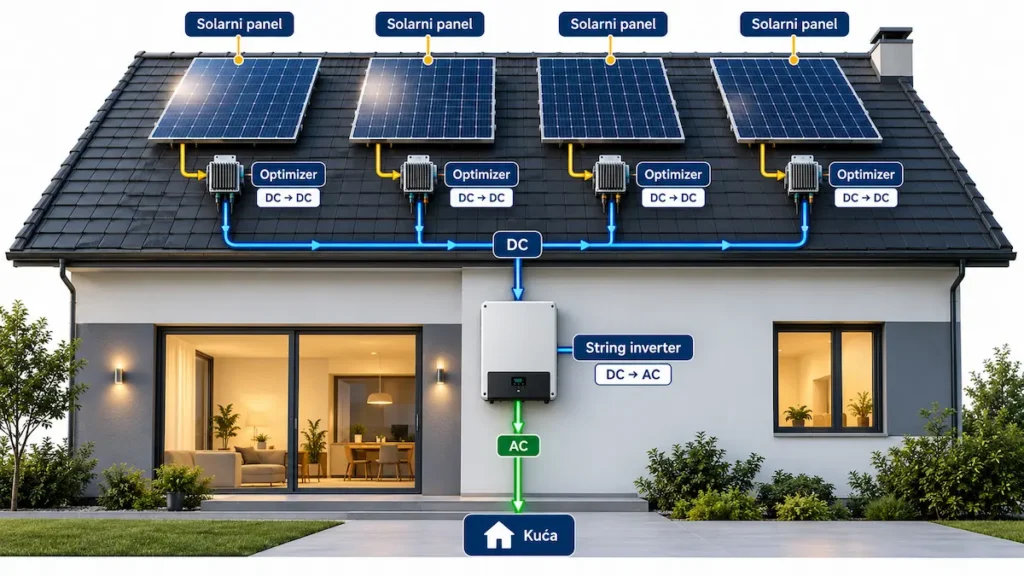 Solarni paneli sa power optimizerima povezanim na centralni string inverter