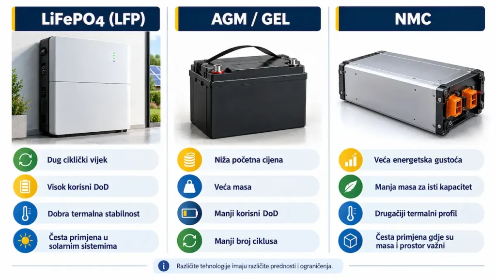 Poređenje LiFePO4, AGM GEL i NMC baterijskih tehnologija