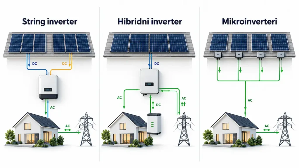 Poređenje string, hibridnog i mikroinverter sistema