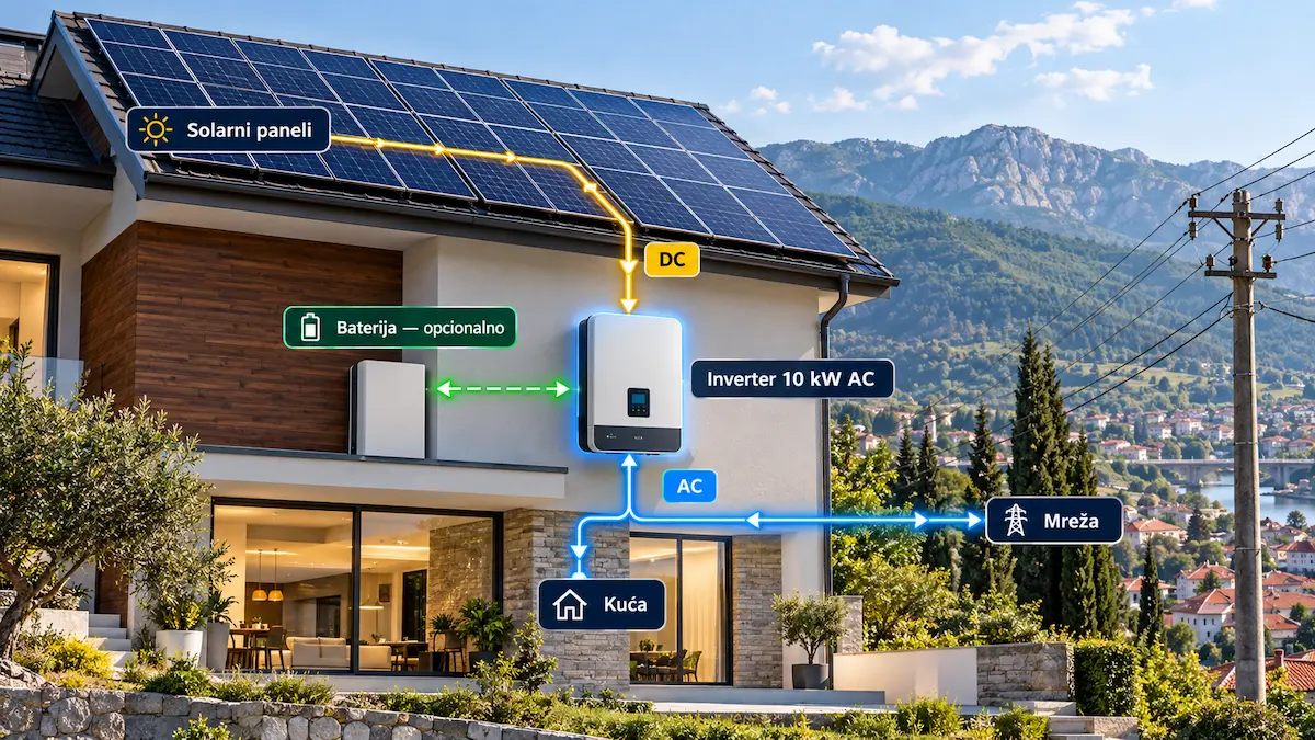 Solarni sistem sa inverterom 10 kW, kućom, mrežom i opcionom baterijom