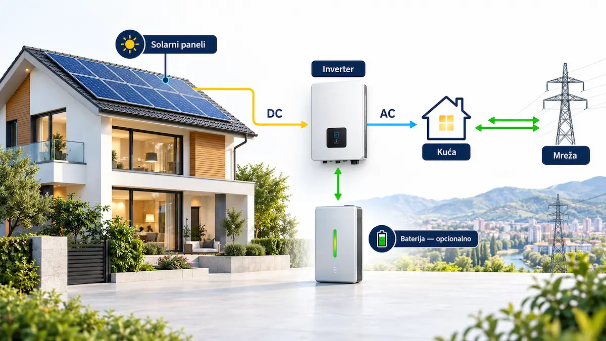 Tok energije od solarnih panela preko invertera do kuće i elektroenergetske mreže