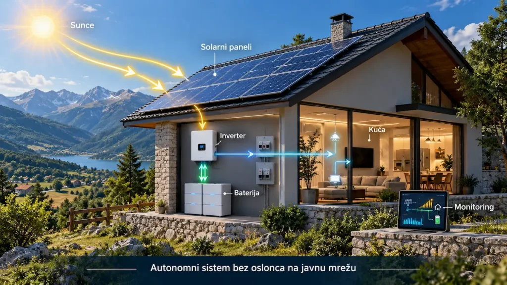 Off-grid solarni sistem za autonomnu kuću sa panelima, inverterom i baterijom