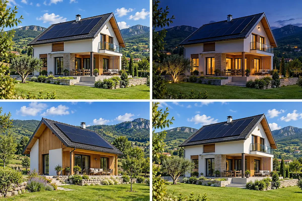 Kompletan kućni fotonaponski sistem sa solarnim panelima na krovu moderne kuće u različitim uslovima osvjetljenja