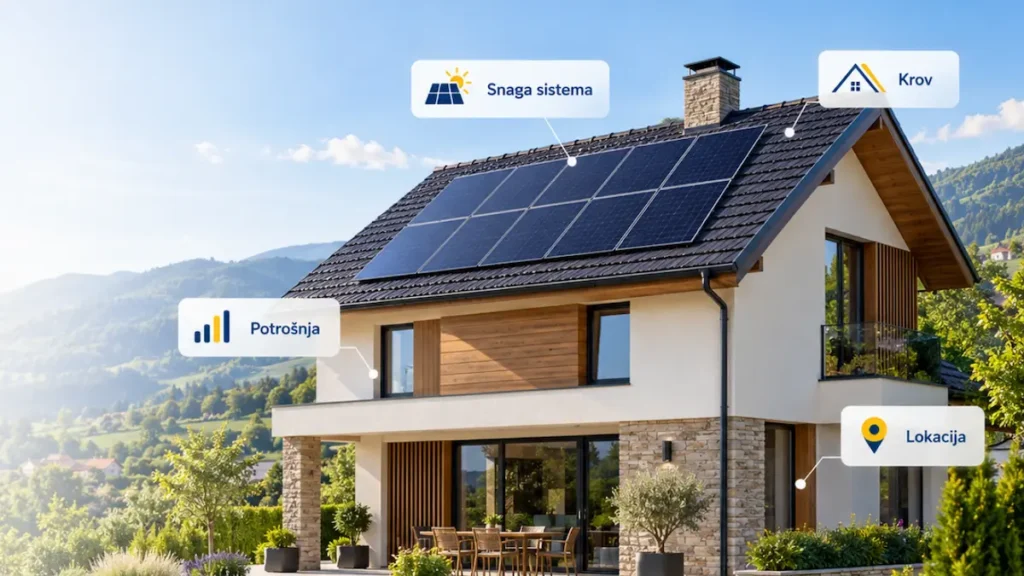 Porodična kuća sa solarnim panelima na krovu, uvodna ilustracija vodiča o solarnoj elektrani za kuću