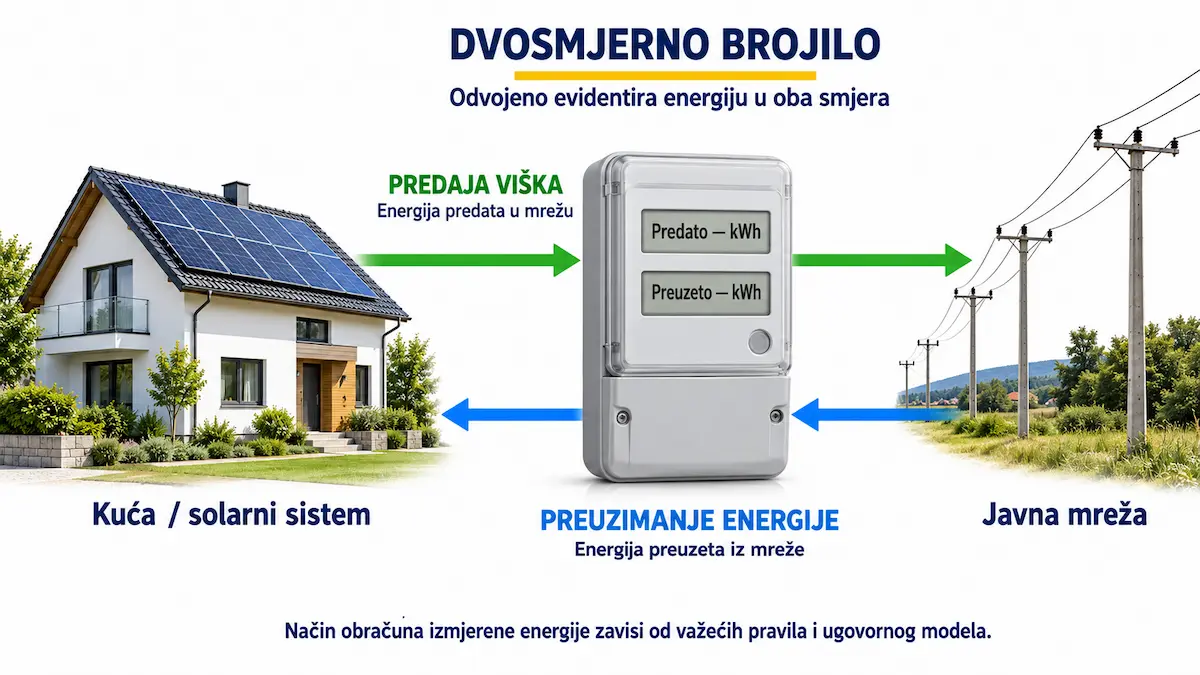 Dvosmjerno brojilo koje evidentira preuzetu i predatu električnu energiju kućne solarne elektrane