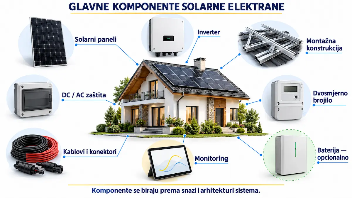 Glavne komponente solarne elektrane uključujući panele, inverter i zaštitnu opremu