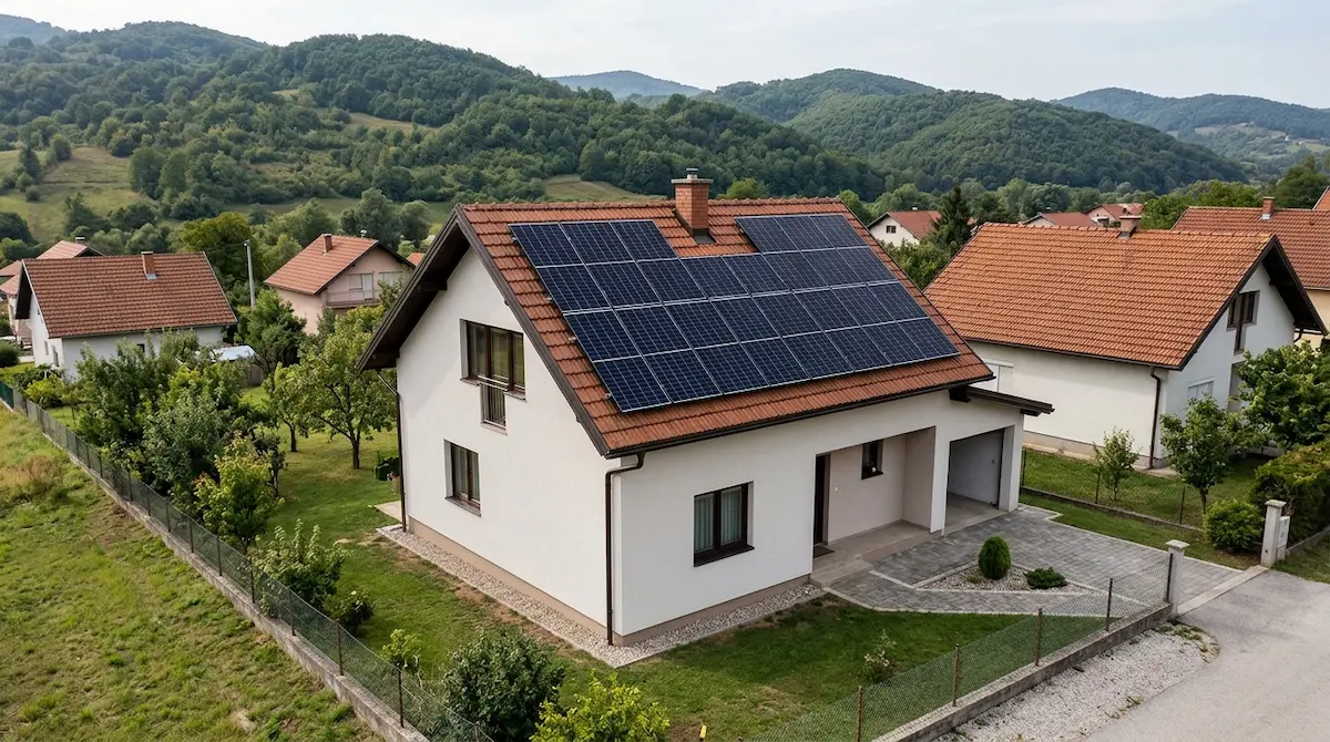 Porodična kuća sa solarnim panelima na krovu, ilustracija kućnog solarnog sistema u Republici Srpskoj