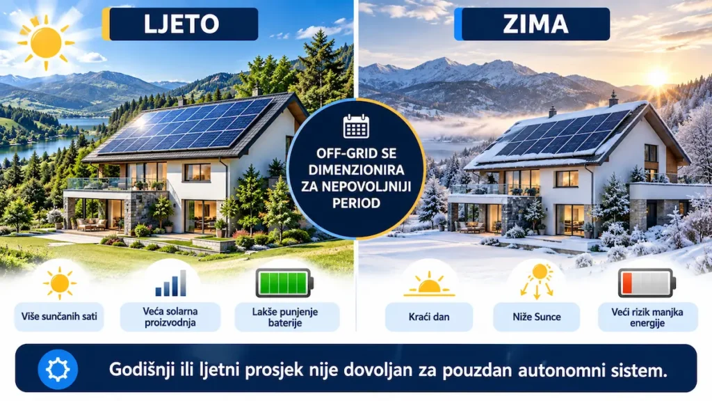 Poređenje ljetnih i zimskih uslova za off-grid solarni sistem