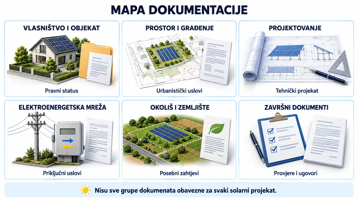 Šest grupa dokumentacije za solarni projekat: vlasništvo, prostor i građenje, projektovanje, elektroenergetska mreža, okoliš i završni dokumenti