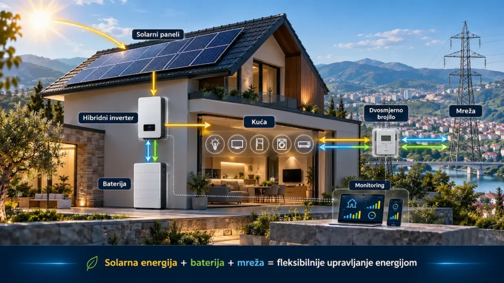 Hibridni solarni sistem za kuću sa panelima, inverterom, baterijom, dvosmjernim brojilom i mrežom