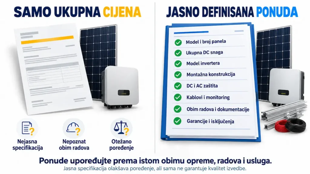 Prikaz poređenja ponuda za solarnu elektranu, sa stavkama opreme i radova koje ponuda treba navesti