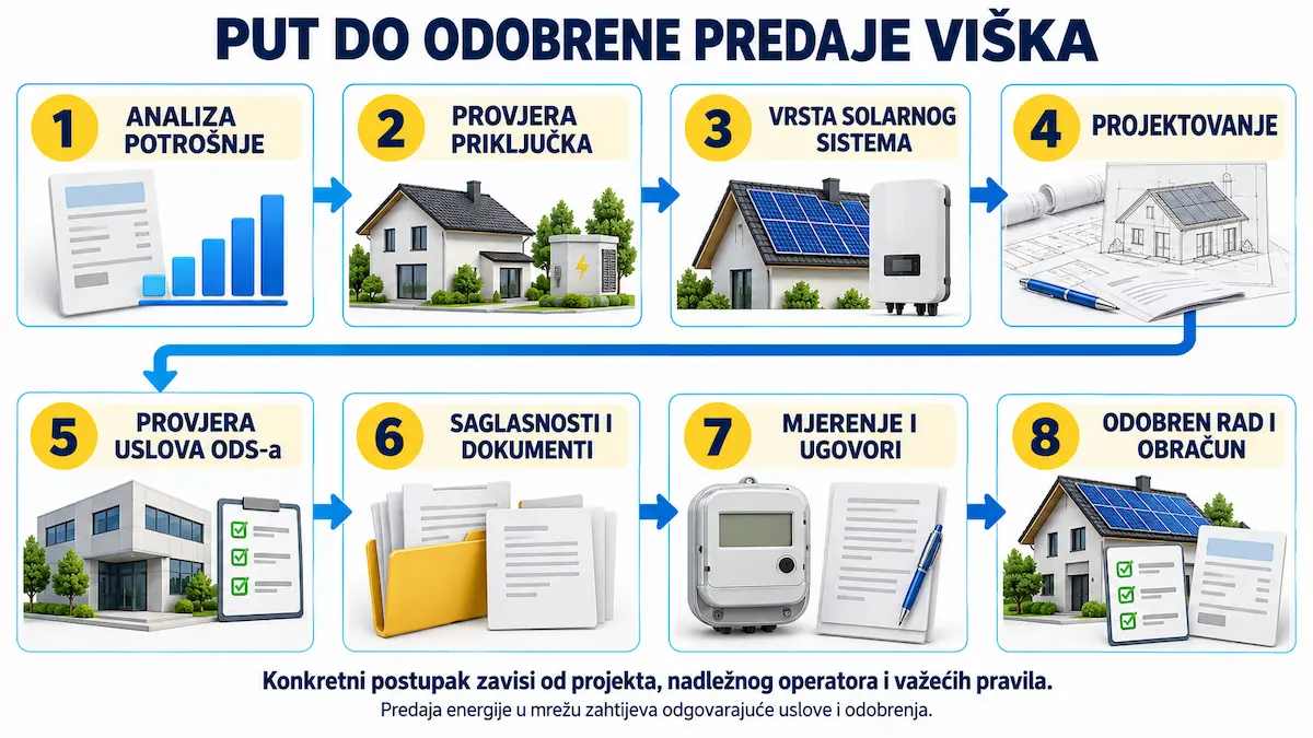 Osam orijentacionih koraka od analize potrošnje i provjere priključka do mjerenja, ugovora i odobrene predaje viška solarne energije