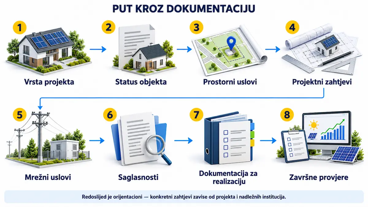 Osam orijentacionih koraka kroz dokumentaciju za solarni projekat, od vrste projekta i prostornih uslova do saglasnosti i završnih provjera