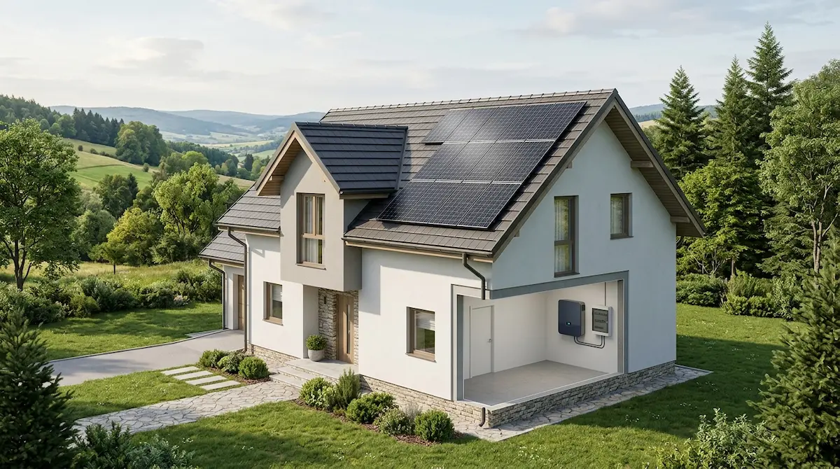 Porodična kuća sa solarnim panelima na krovu i presjekom prostorije u kojoj je smještena oprema solarne elektrane