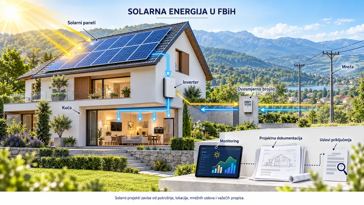 Solarna energija u FBiH — kućna solarna elektrana sa panelima, inverterom, dvosmjernim brojilom i javnom mrežom