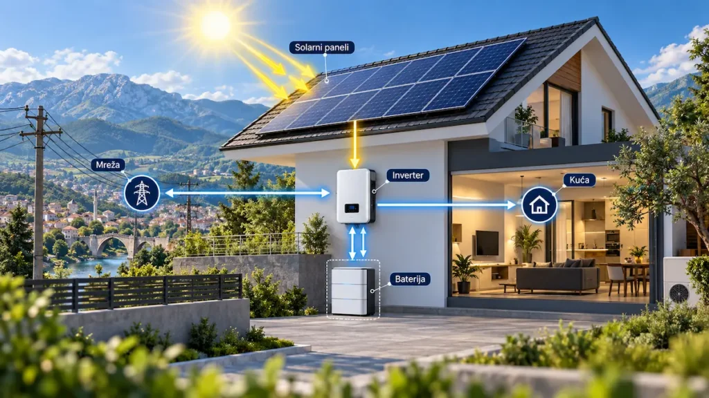 Kompletan solarni sistem za kuću sa panelima, inverterom, baterijom i mrežom
