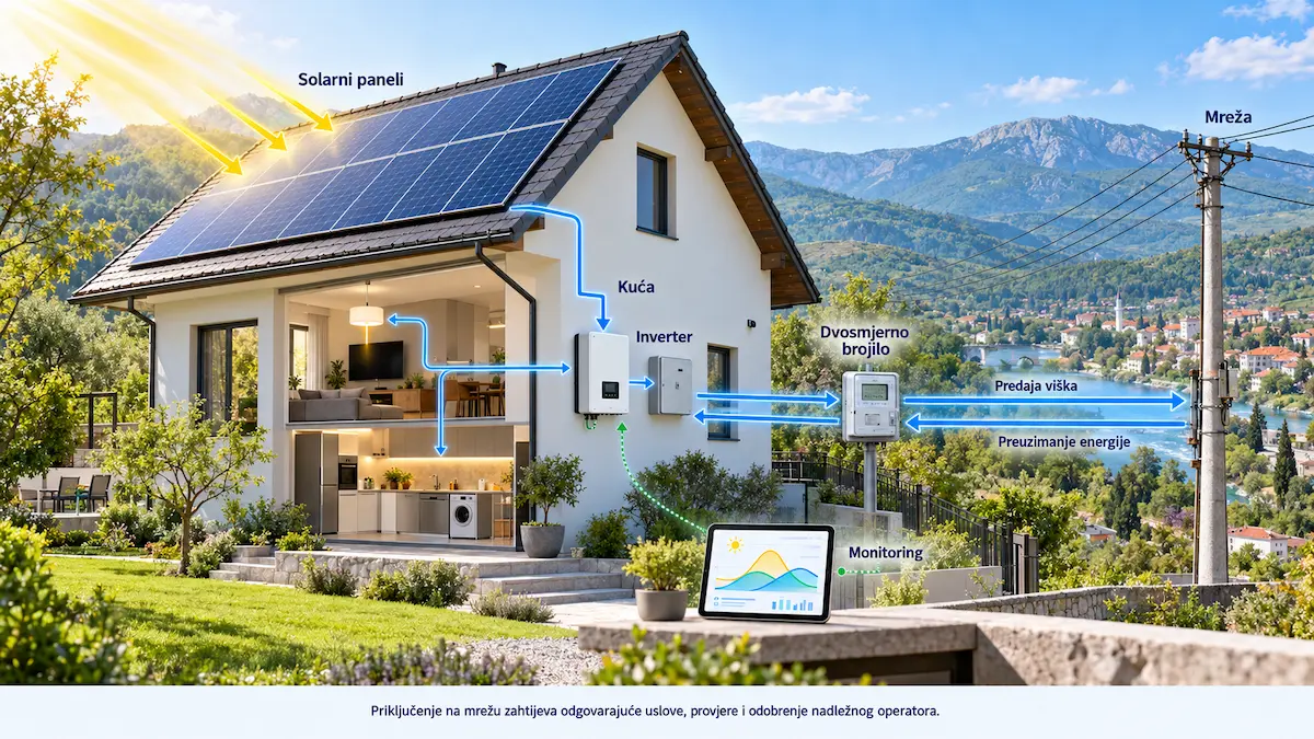Priključenje kućne solarne elektrane na javnu elektrodistributivnu mrežu u BiH preko invertera i dvosmjernog brojila