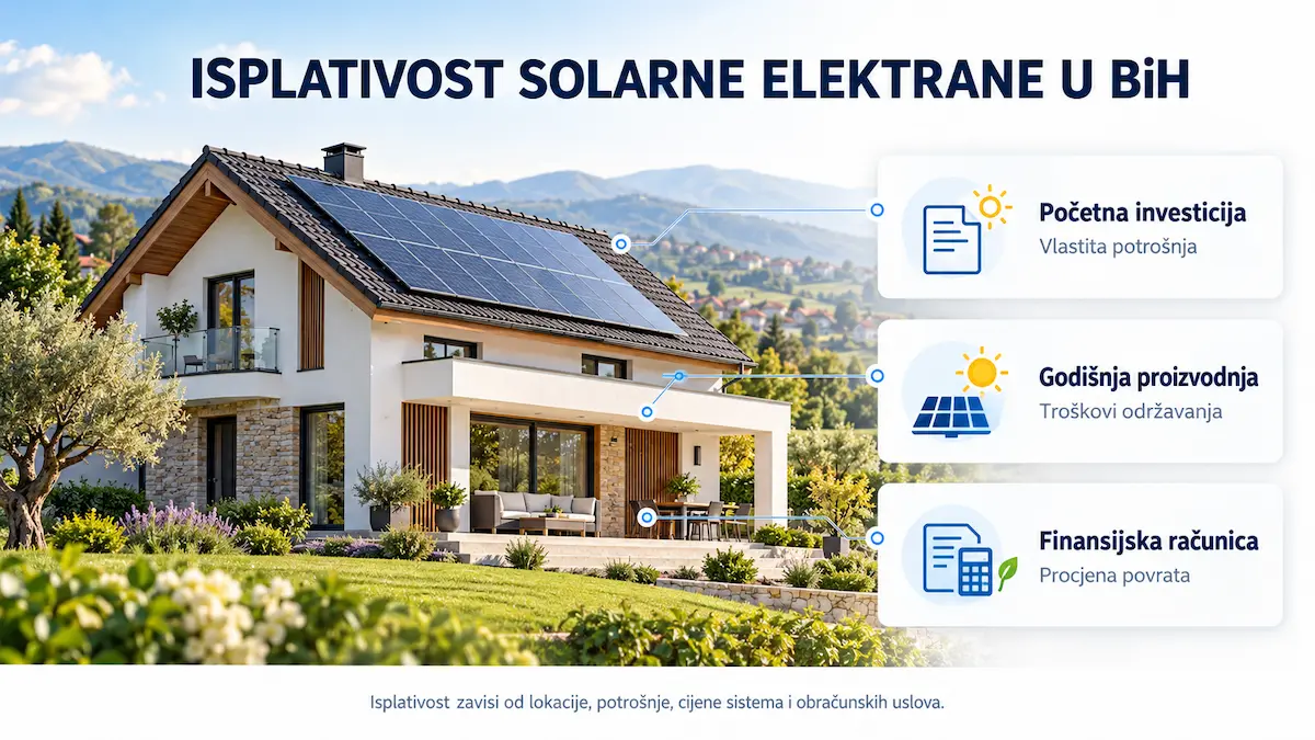 Isplativost solarne elektrane u BiH prikazana kroz kucni solarni sistem, pocetnu investiciju, godisnju proizvodnju i finansijsku racunicu