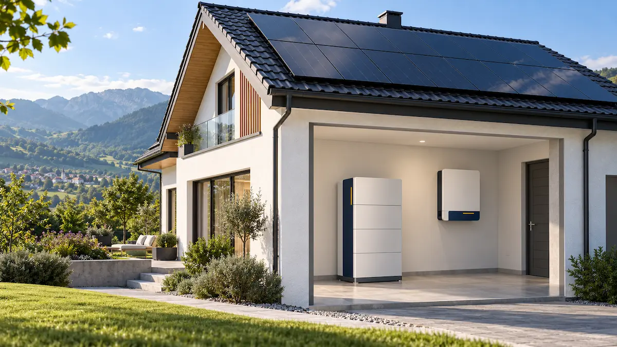 Porodična kuća sa solarnim panelima na krovu, a u garaži zidni inverter i uspravni baterijski modul
