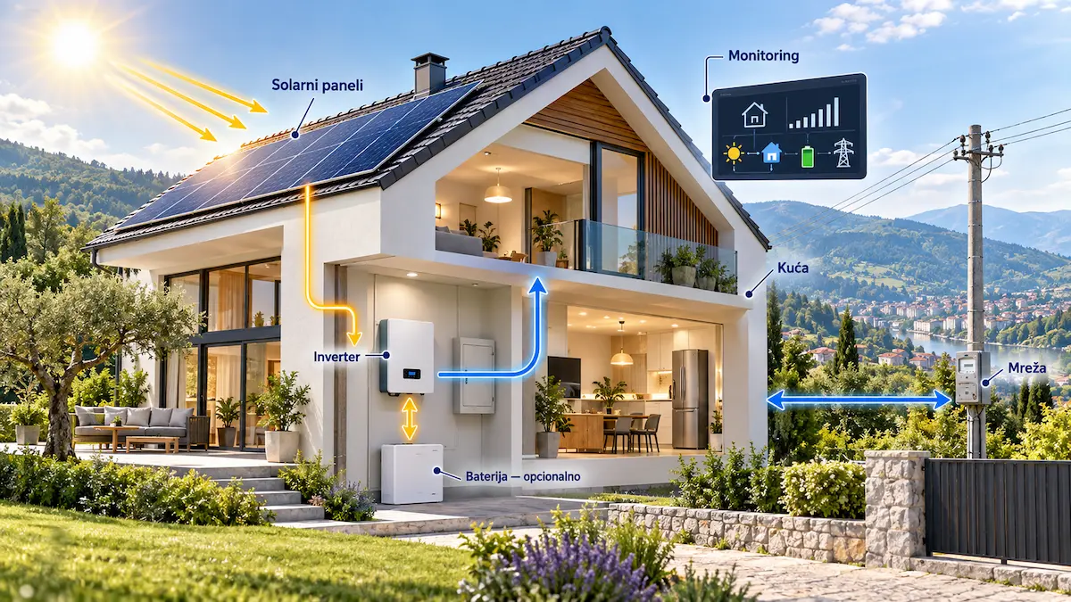 Solarna kuća u Bosni i Hercegovini s prikazom toka energije od panela do domaćinstva i mreže