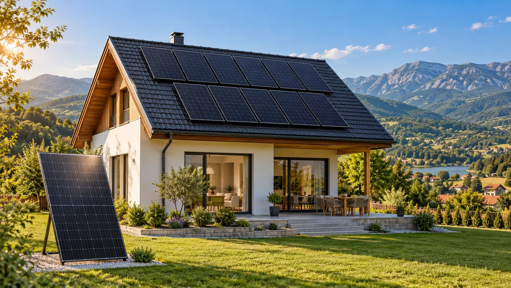 Porodična kuća sa solarnim panelima na krovu u bosanskom krajoliku