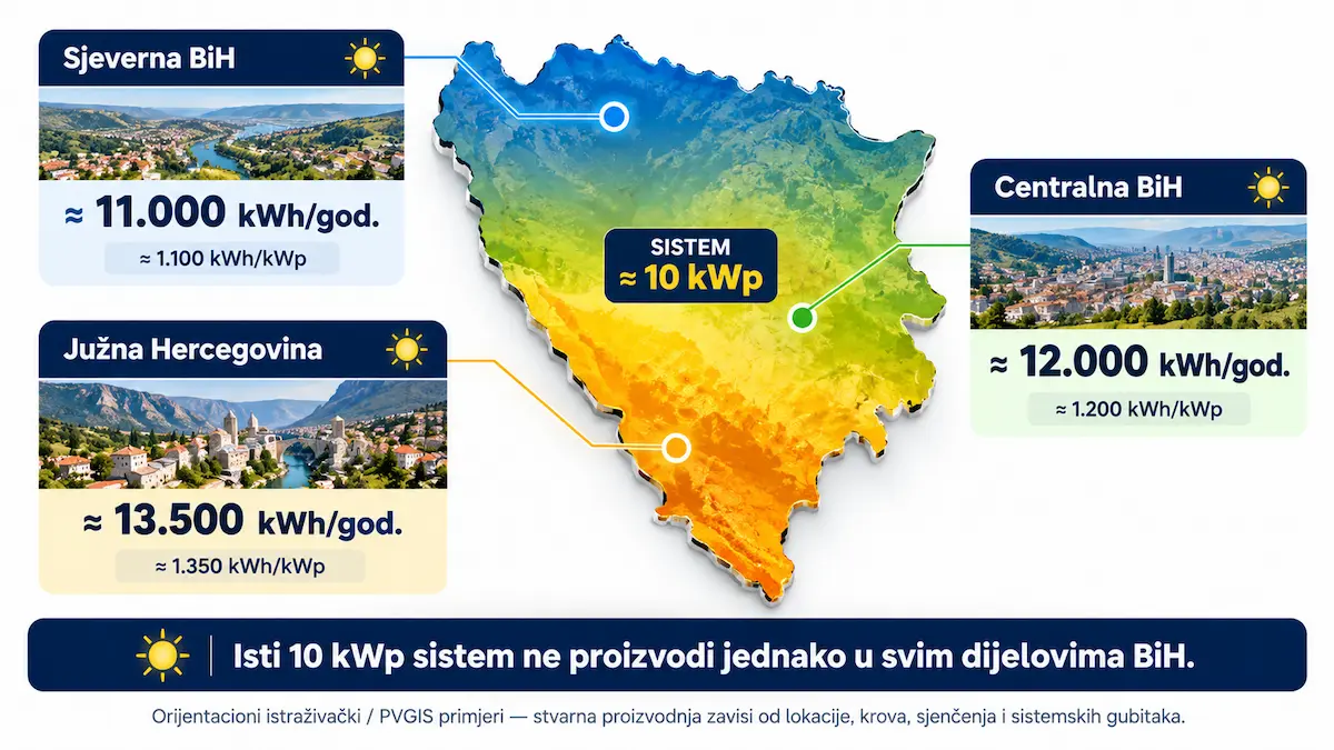 Orijentaciona godišnja proizvodnja solarnog sistema 10 kWp u različitim regijama Bosne i Hercegovine