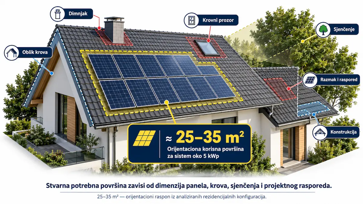 Orijentaciona krovna površina od približno 25 do 35 kvadratnih metara za solarni sistem oko 5 kWp