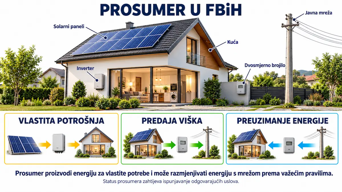 Princip rada prosumera u FBiH sa vlastitom solarnom potrošnjom, predajom viška i preuzimanjem energije iz javne mreže