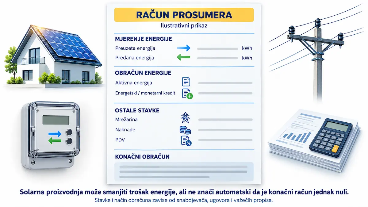 Struktura računa solarnog prosumera — mjerenje energije, obračun, mrežarina, naknade i PDV