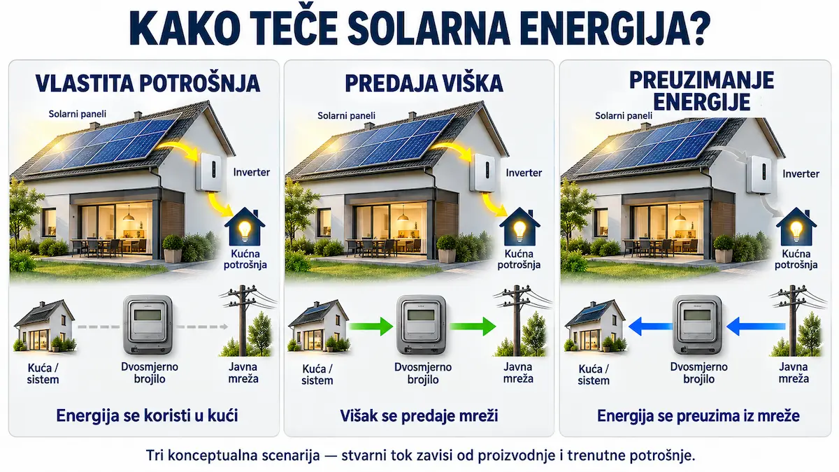 Tri toka solarne energije: vlastita potrošnja u kući, predaja viška u mrežu i preuzimanje energije iz mreže