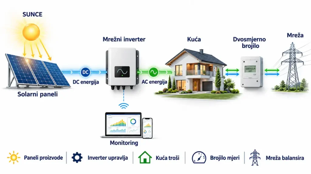 Arhitektura on-grid solarnog sistema od panela preko invertera i kuće do dvosmjernog brojila i mreže