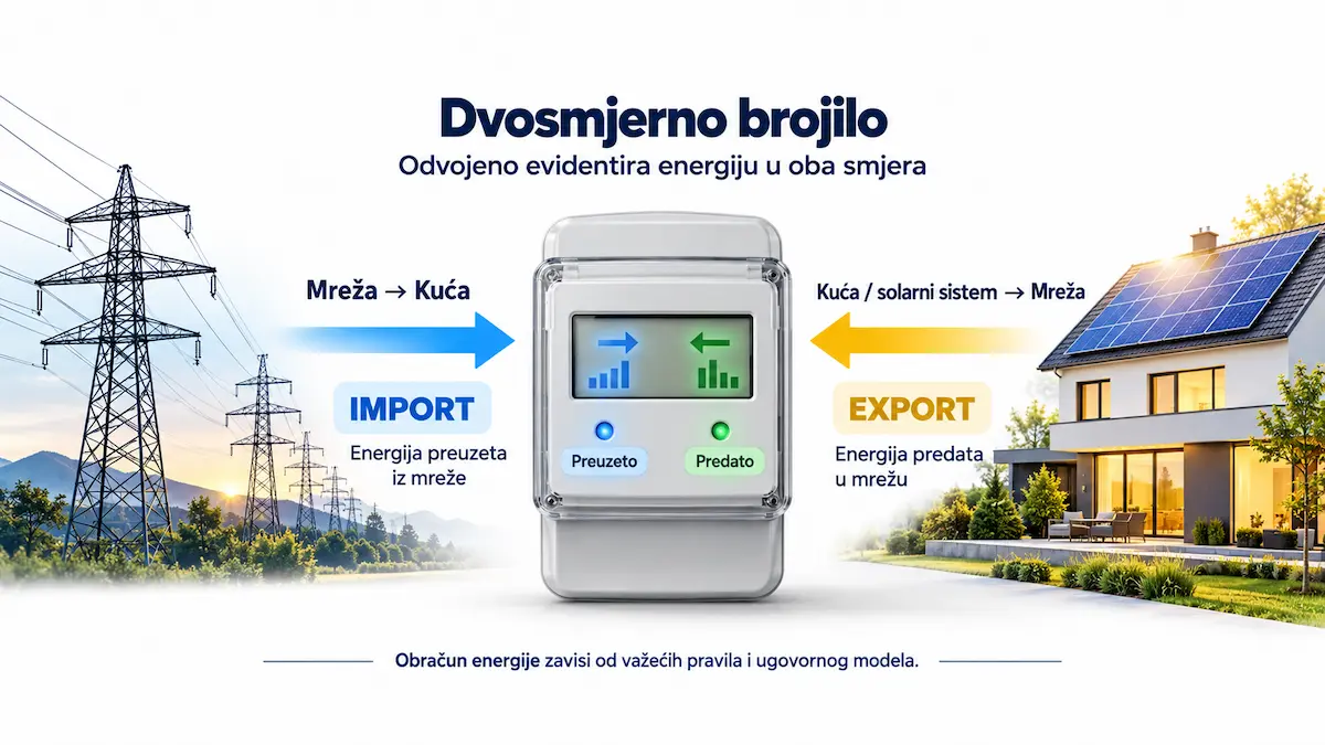 Dvosmjerno brojilo bilježi preuzetu i predanu električnu energiju odvojeno